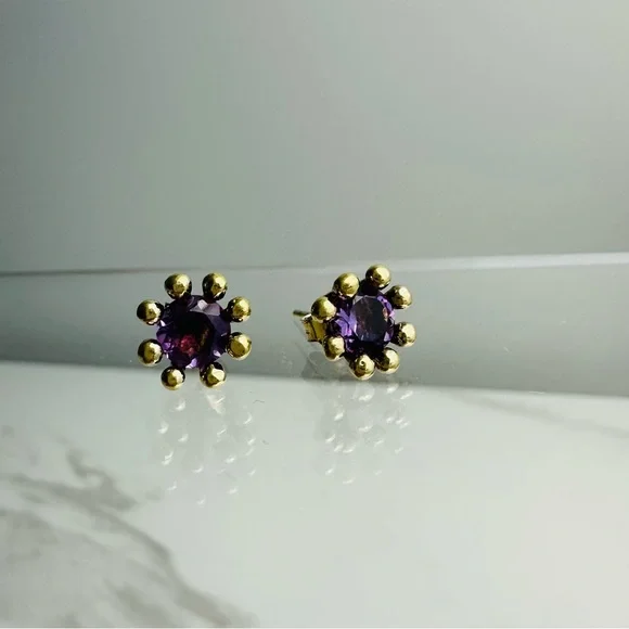 Gold Over Sterling Silver Amethyst Stud Earrings – Vintage Floral Design - Picture 10 of 12